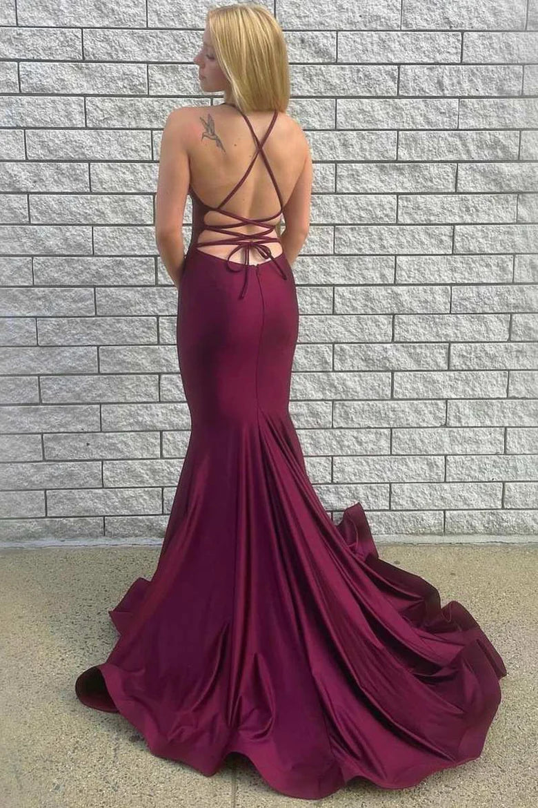 Vestido de fiesta de sirena con escote en V y espalda con cordones
